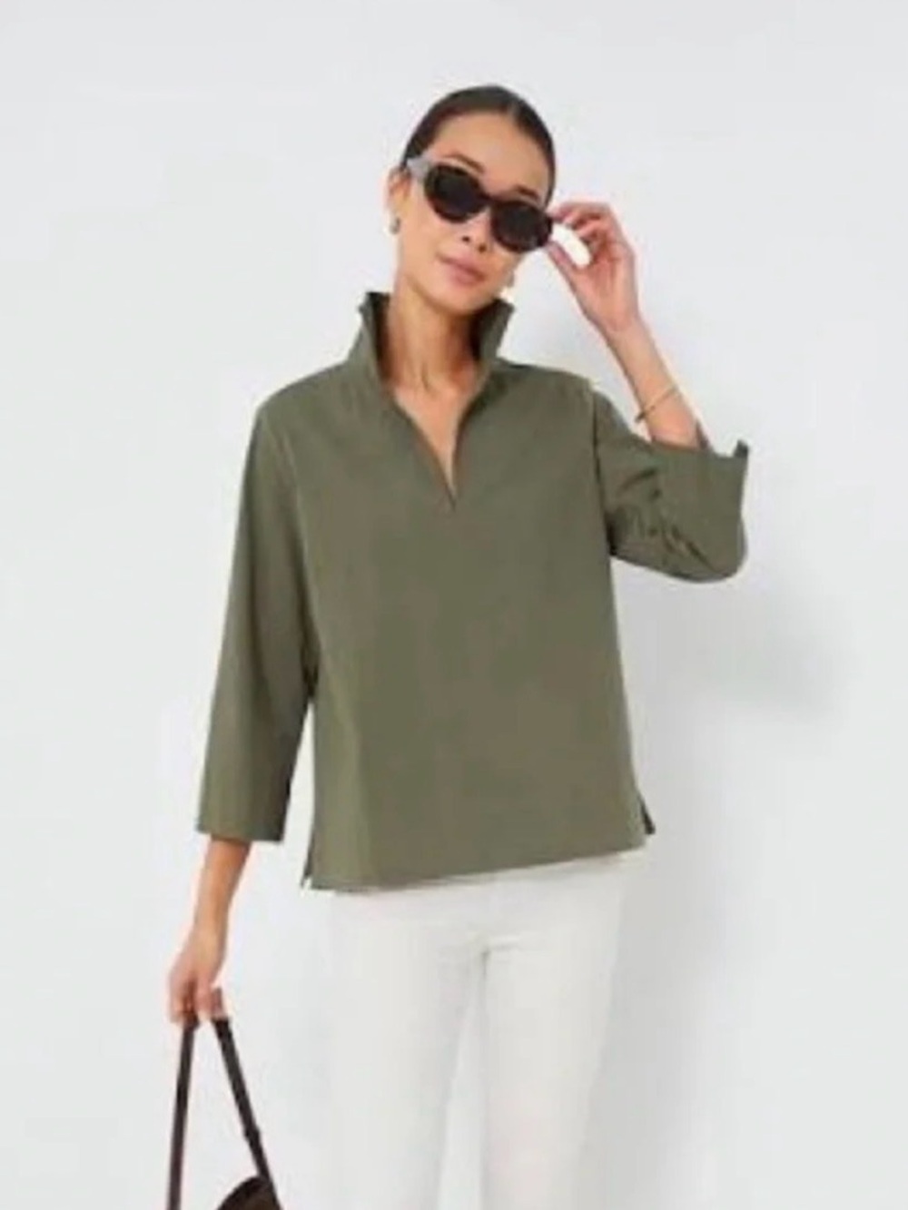 Tuckernuck Olive V-Neck Margot Stand Collar Long Sleeve Cotton Tunic M